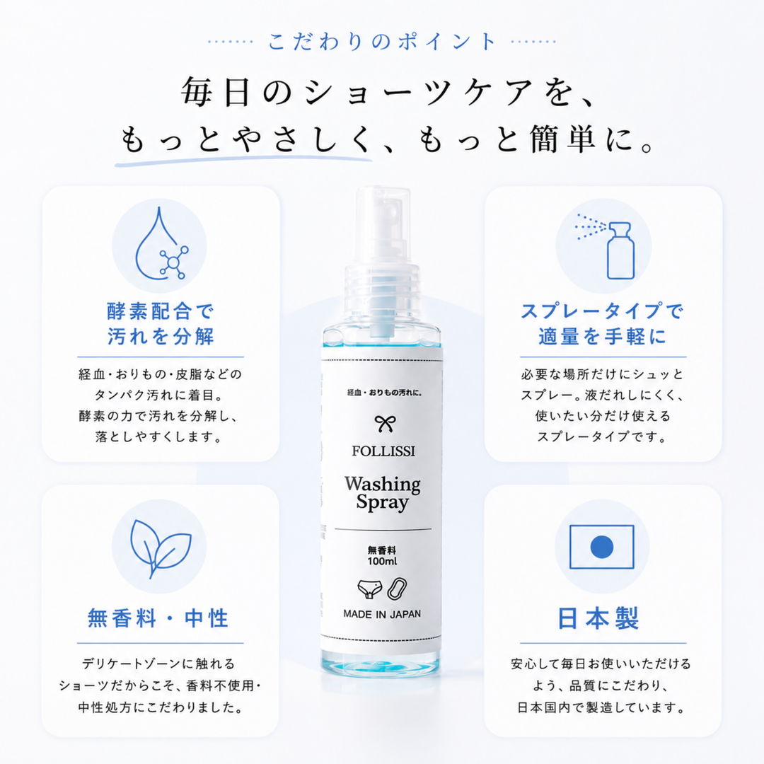 【経血・おりもの用洗剤】FOLLISSI Washing Spray｜つけ置き不要・無香料・中性 酵素配合