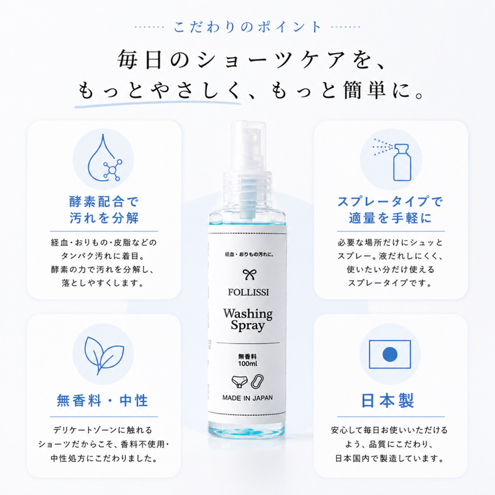 【経血・おりもの用洗剤】FOLLISSI Washing Spray｜つけ置き不要・無香料・中性 酵素配合